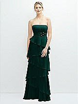 Front View Thumbnail - Evergreen Strapless Asymmetrical Tiered Ruffle Chiffon Maxi Dress with Handworked Flower Detail