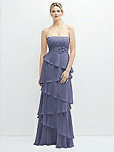 Front View Thumbnail - French Blue Strapless Asymmetrical Tiered Ruffle Chiffon Maxi Dress with Handworked Flower Detail