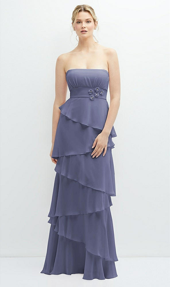 Front View - French Blue Strapless Asymmetrical Tiered Ruffle Chiffon Maxi Dress with Handworked Flower Detail