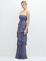 Side View Thumbnail - French Blue Strapless Asymmetrical Tiered Ruffle Chiffon Maxi Dress with Handworked Flower Detail