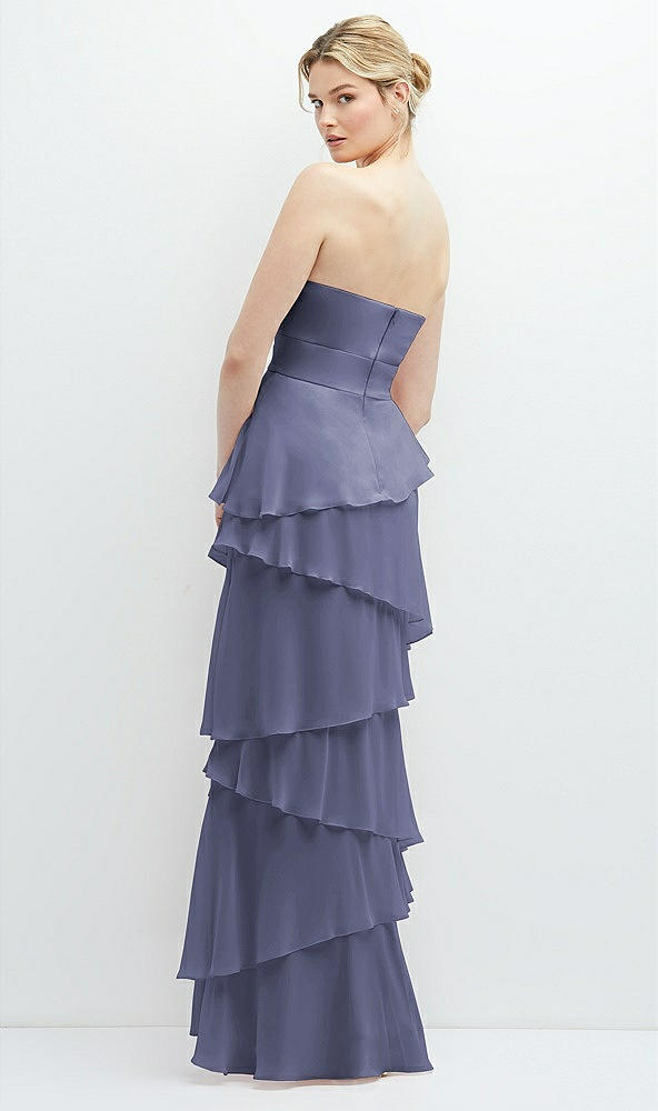 Back View - French Blue Strapless Asymmetrical Tiered Ruffle Chiffon Maxi Dress with Handworked Flower Detail