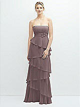 Front View Thumbnail - French Truffle Strapless Asymmetrical Tiered Ruffle Chiffon Maxi Dress with Handworked Flower Detail