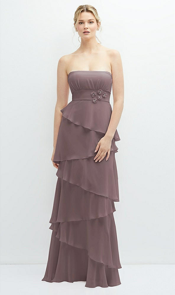 Front View - French Truffle Strapless Asymmetrical Tiered Ruffle Chiffon Maxi Dress with Handworked Flower Detail