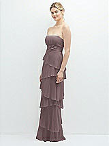 Side View Thumbnail - French Truffle Strapless Asymmetrical Tiered Ruffle Chiffon Maxi Dress with Handworked Flower Detail