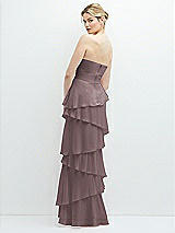 Rear View Thumbnail - French Truffle Strapless Asymmetrical Tiered Ruffle Chiffon Maxi Dress with Handworked Flower Detail