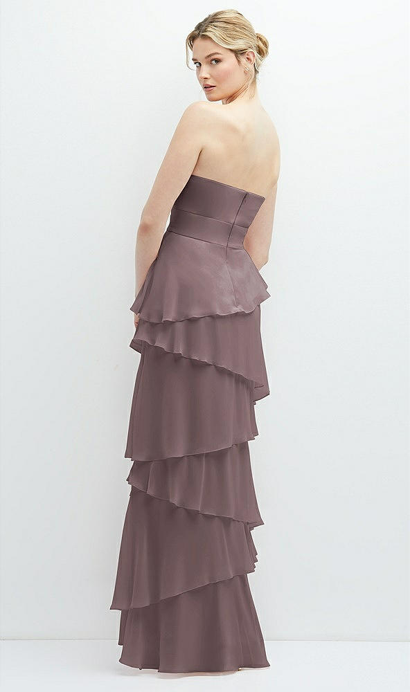 Back View - French Truffle Strapless Asymmetrical Tiered Ruffle Chiffon Maxi Dress with Handworked Flower Detail