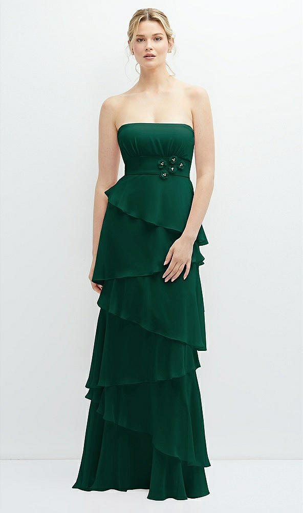 Front View - Hunter Green Strapless Asymmetrical Tiered Ruffle Chiffon Maxi Dress with Handworked Flower Detail