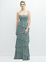 Front View Thumbnail - Icelandic Strapless Asymmetrical Tiered Ruffle Chiffon Maxi Dress with Handworked Flower Detail