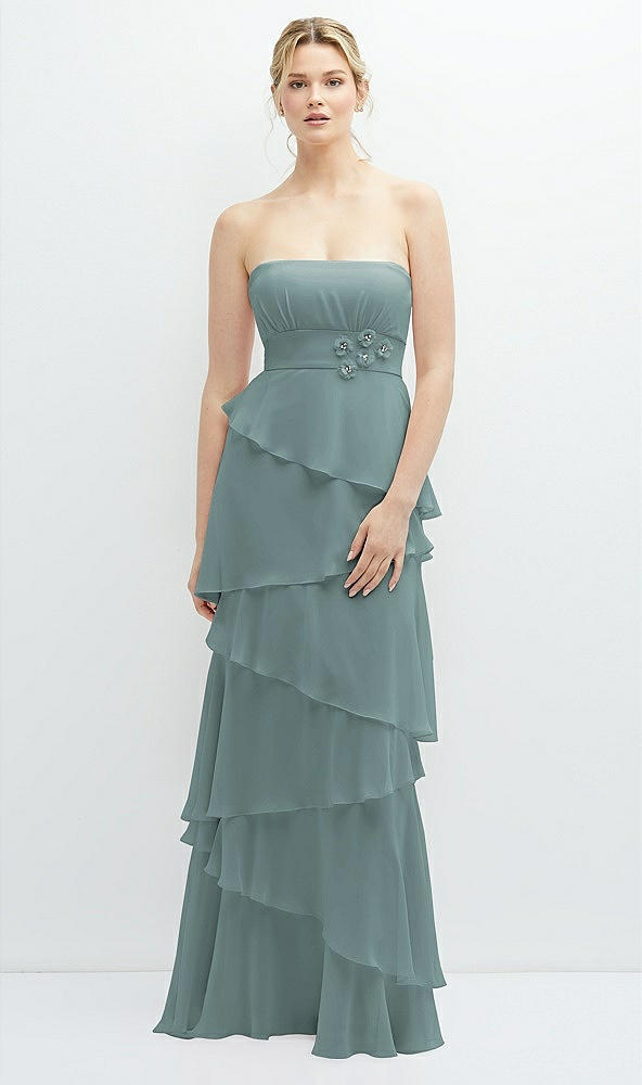 Front View - Icelandic Strapless Asymmetrical Tiered Ruffle Chiffon Maxi Dress with Handworked Flower Detail