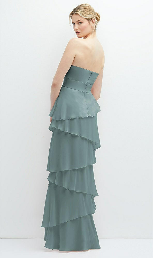 Back View - Icelandic Strapless Asymmetrical Tiered Ruffle Chiffon Maxi Dress with Handworked Flower Detail