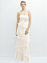Front View Thumbnail - Ivory Strapless Asymmetrical Tiered Ruffle Chiffon Maxi Dress with Handworked Flower Detail