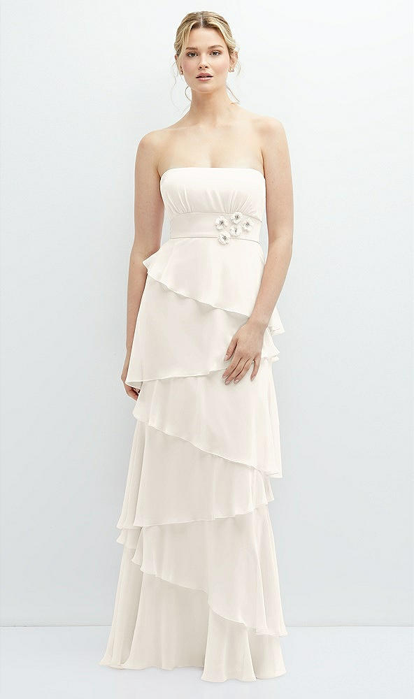 Front View - Ivory Strapless Asymmetrical Tiered Ruffle Chiffon Maxi Dress with Handworked Flower Detail