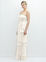 Side View Thumbnail - Ivory Strapless Asymmetrical Tiered Ruffle Chiffon Maxi Dress with Handworked Flower Detail