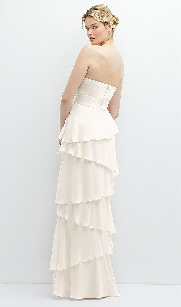 Back View - Ivory Strapless Asymmetrical Tiered Ruffle Chiffon Maxi Dress with Handworked Flower Detail