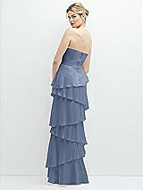 Rear View Thumbnail - Larkspur Blue Strapless Asymmetrical Tiered Ruffle Chiffon Maxi Dress with Handworked Flower Detail