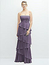 Front View Thumbnail - Lavender Strapless Asymmetrical Tiered Ruffle Chiffon Maxi Dress with Handworked Flower Detail