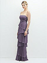 Side View Thumbnail - Lavender Strapless Asymmetrical Tiered Ruffle Chiffon Maxi Dress with Handworked Flower Detail