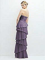 Rear View Thumbnail - Lavender Strapless Asymmetrical Tiered Ruffle Chiffon Maxi Dress with Handworked Flower Detail