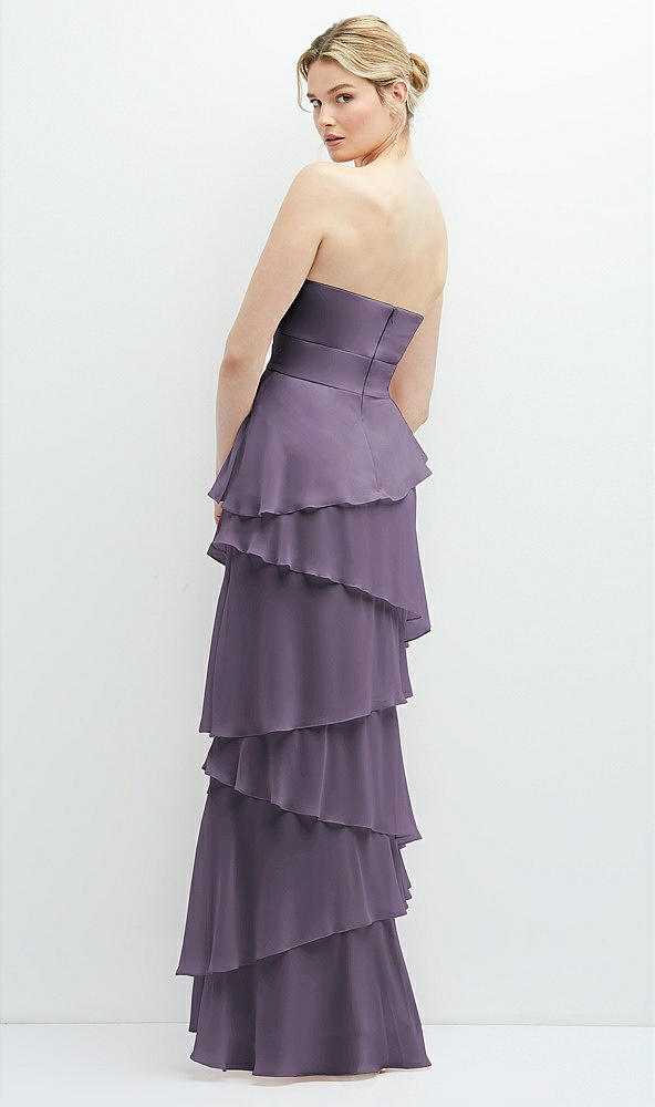 Back View - Lavender Strapless Asymmetrical Tiered Ruffle Chiffon Maxi Dress with Handworked Flower Detail