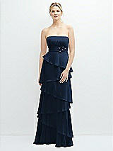 Front View Thumbnail - Midnight Navy Strapless Asymmetrical Tiered Ruffle Chiffon Maxi Dress with Handworked Flower Detail