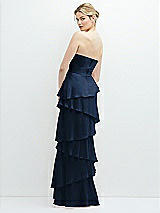 Rear View Thumbnail - Midnight Navy Strapless Asymmetrical Tiered Ruffle Chiffon Maxi Dress with Handworked Flower Detail