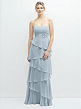 Front View Thumbnail - Mist Strapless Asymmetrical Tiered Ruffle Chiffon Maxi Dress with Handworked Flower Detail