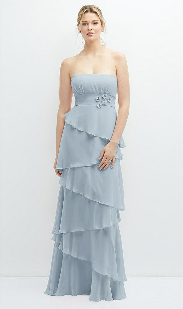 Front View - Mist Strapless Asymmetrical Tiered Ruffle Chiffon Maxi Dress with Handworked Flower Detail