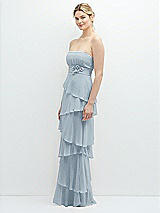 Side View Thumbnail - Mist Strapless Asymmetrical Tiered Ruffle Chiffon Maxi Dress with Handworked Flower Detail