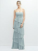 Front View Thumbnail - Morning Sky Strapless Asymmetrical Tiered Ruffle Chiffon Maxi Dress with Handworked Flower Detail