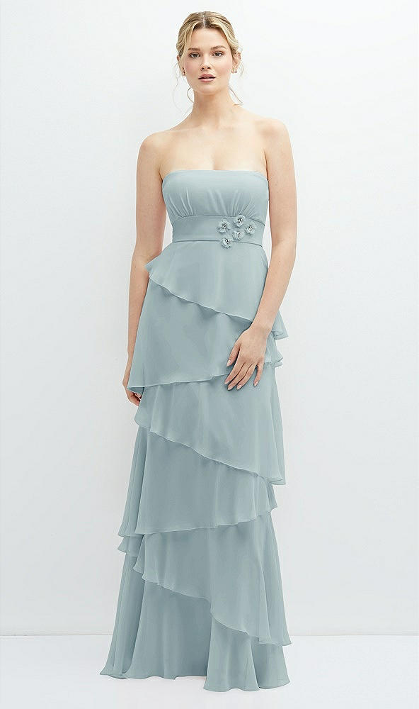 Front View - Morning Sky Strapless Asymmetrical Tiered Ruffle Chiffon Maxi Dress with Handworked Flower Detail
