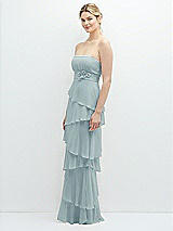 Side View Thumbnail - Morning Sky Strapless Asymmetrical Tiered Ruffle Chiffon Maxi Dress with Handworked Flower Detail