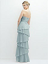 Rear View Thumbnail - Morning Sky Strapless Asymmetrical Tiered Ruffle Chiffon Maxi Dress with Handworked Flower Detail