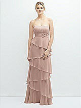 Front View Thumbnail - Neu Nude Strapless Asymmetrical Tiered Ruffle Chiffon Maxi Dress with Handworked Flower Detail