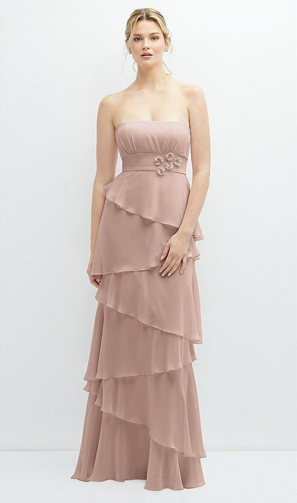 Front View - Neu Nude Strapless Asymmetrical Tiered Ruffle Chiffon Maxi Dress with Handworked Flower Detail