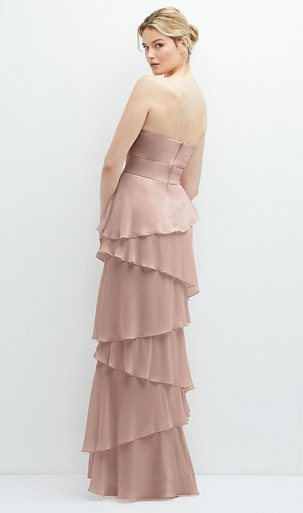 Back View - Neu Nude Strapless Asymmetrical Tiered Ruffle Chiffon Maxi Dress with Handworked Flower Detail