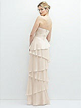 Rear View Thumbnail - Oat Strapless Asymmetrical Tiered Ruffle Chiffon Maxi Dress with Handworked Flower Detail