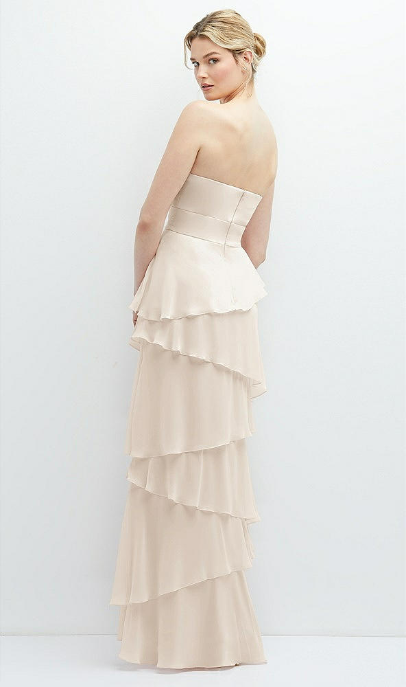 Back View - Oat Strapless Asymmetrical Tiered Ruffle Chiffon Maxi Dress with Handworked Flower Detail