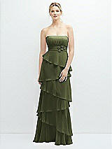 Front View Thumbnail - Olive Green Strapless Asymmetrical Tiered Ruffle Chiffon Maxi Dress with Handworked Flower Detail