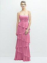 Front View Thumbnail - Orchid Pink Strapless Asymmetrical Tiered Ruffle Chiffon Maxi Dress with Handworked Flower Detail