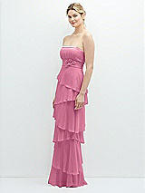 Side View Thumbnail - Orchid Pink Strapless Asymmetrical Tiered Ruffle Chiffon Maxi Dress with Handworked Flower Detail