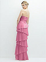 Rear View Thumbnail - Orchid Pink Strapless Asymmetrical Tiered Ruffle Chiffon Maxi Dress with Handworked Flower Detail