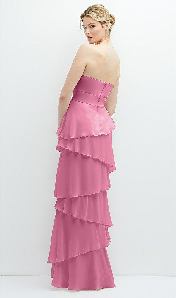 Back View - Orchid Pink Strapless Asymmetrical Tiered Ruffle Chiffon Maxi Dress with Handworked Flower Detail