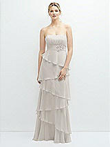 Front View Thumbnail - Oyster Strapless Asymmetrical Tiered Ruffle Chiffon Maxi Dress with Handworked Flower Detail