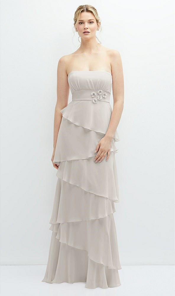 Front View - Oyster Strapless Asymmetrical Tiered Ruffle Chiffon Maxi Dress with Handworked Flower Detail