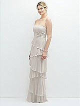 Side View Thumbnail - Oyster Strapless Asymmetrical Tiered Ruffle Chiffon Maxi Dress with Handworked Flower Detail