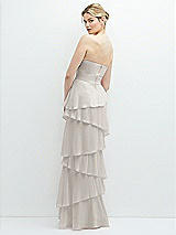 Rear View Thumbnail - Oyster Strapless Asymmetrical Tiered Ruffle Chiffon Maxi Dress with Handworked Flower Detail