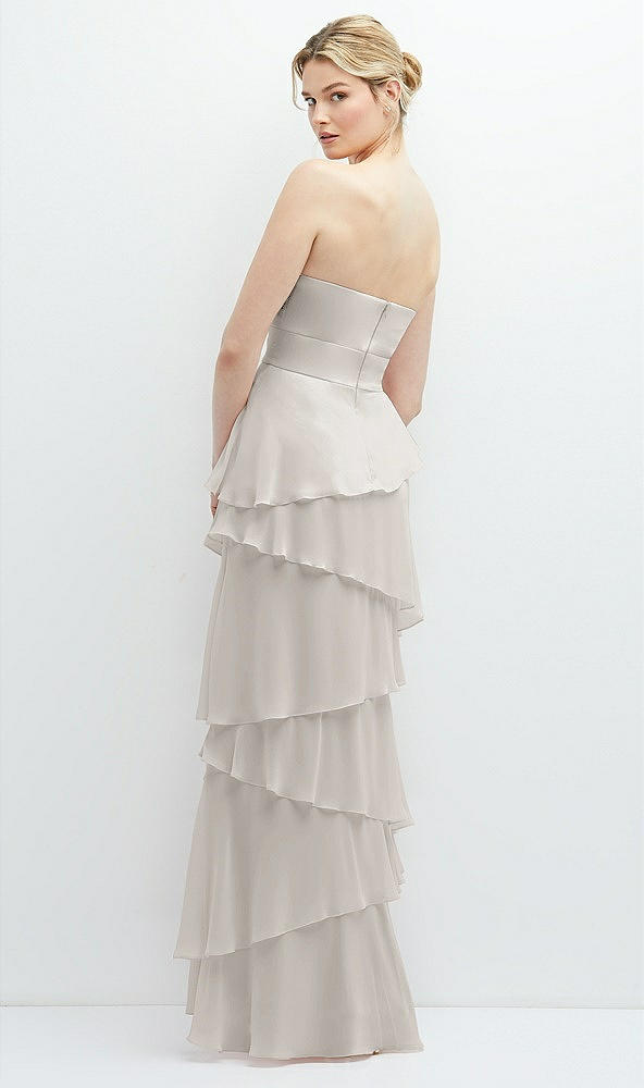 Back View - Oyster Strapless Asymmetrical Tiered Ruffle Chiffon Maxi Dress with Handworked Flower Detail