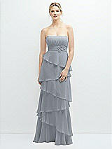 Front View Thumbnail - Platinum Strapless Asymmetrical Tiered Ruffle Chiffon Maxi Dress with Handworked Flower Detail