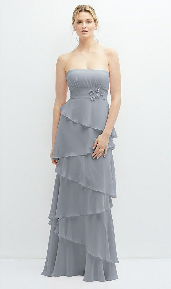 Front View - Platinum Strapless Asymmetrical Tiered Ruffle Chiffon Maxi Dress with Handworked Flower Detail