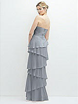 Rear View Thumbnail - Platinum Strapless Asymmetrical Tiered Ruffle Chiffon Maxi Dress with Handworked Flower Detail